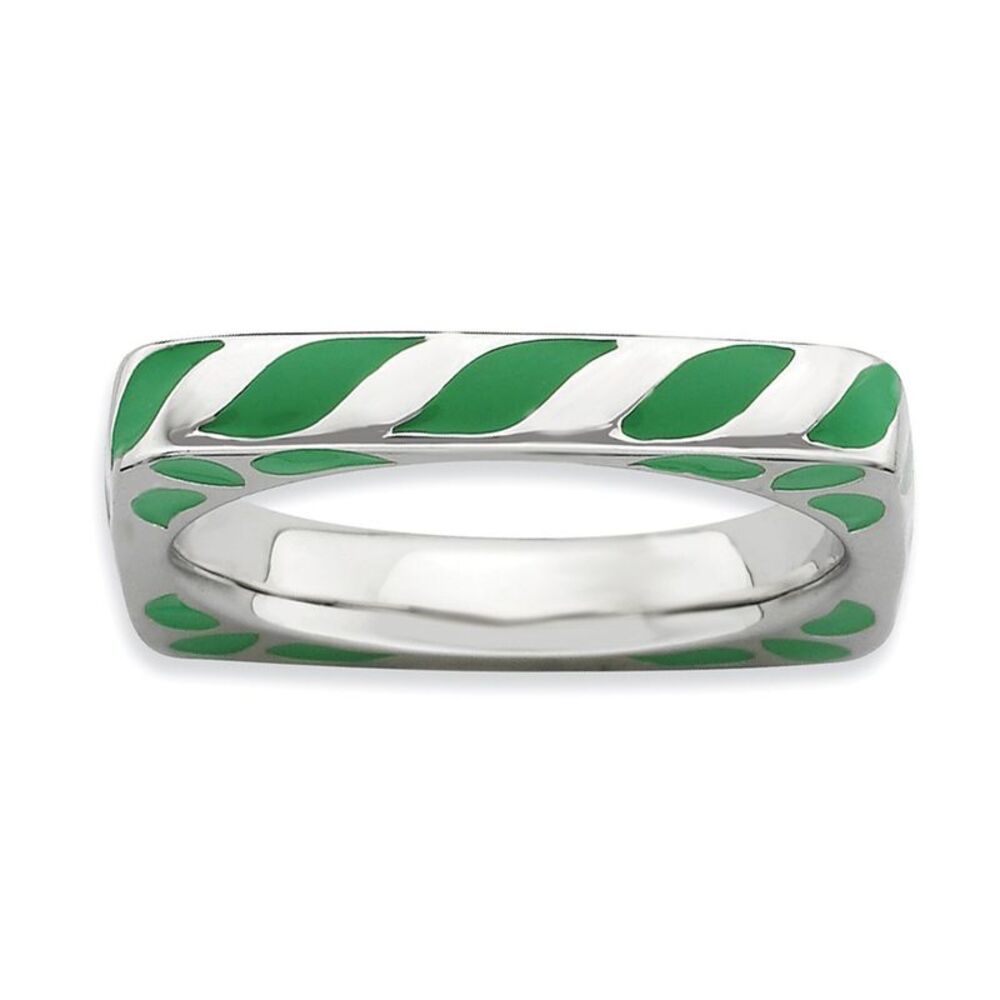 3.25mm Silver and Green Enamel Stackable Square Band Size 7